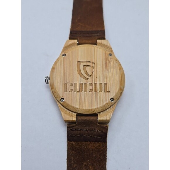 Cucol Bamboo Wooden Watch Brown Leather Strap Minimalist Quartz 45mm New Battery - Picture 11 of 11